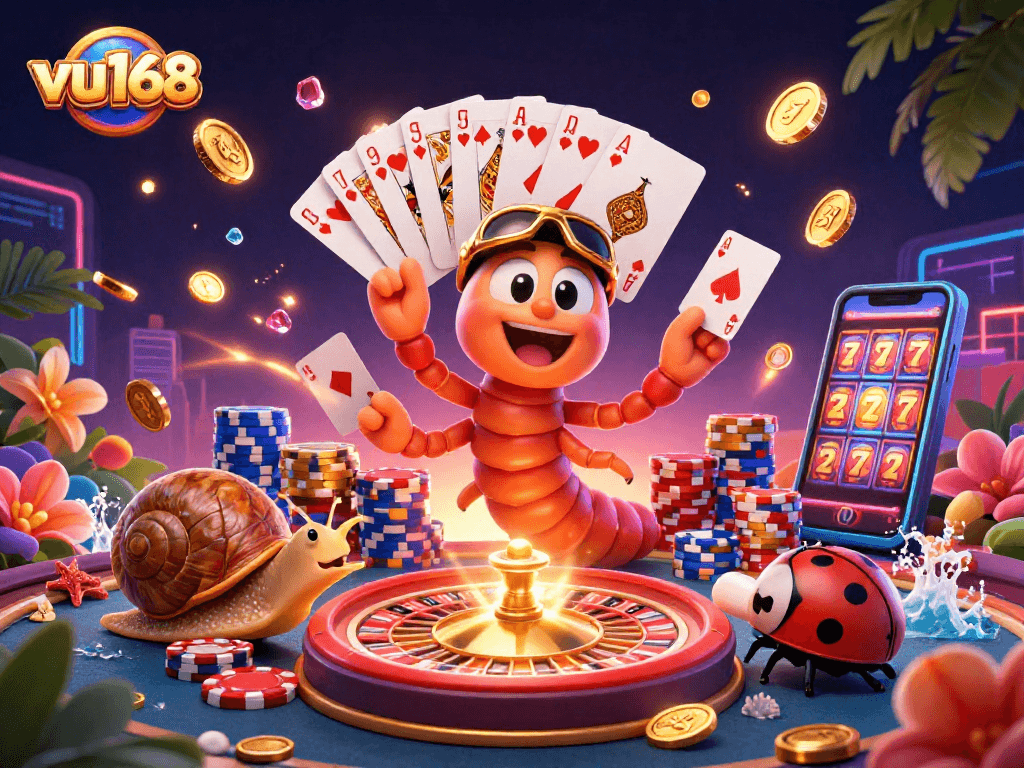 vu168 engages excited players with a thrilling interactive casino scene full of colorful game elements.