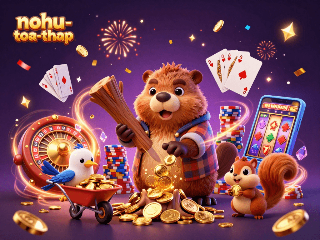 Engage in nohu-toa-thap with a vibrant 3D digital illustration featuring delightful casino characters.