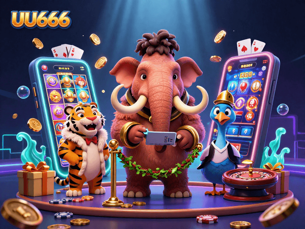 UU666 stands strong as a dynamic online casino featuring a woolly mammoth bouncer checking IDs with lavish slot elements.