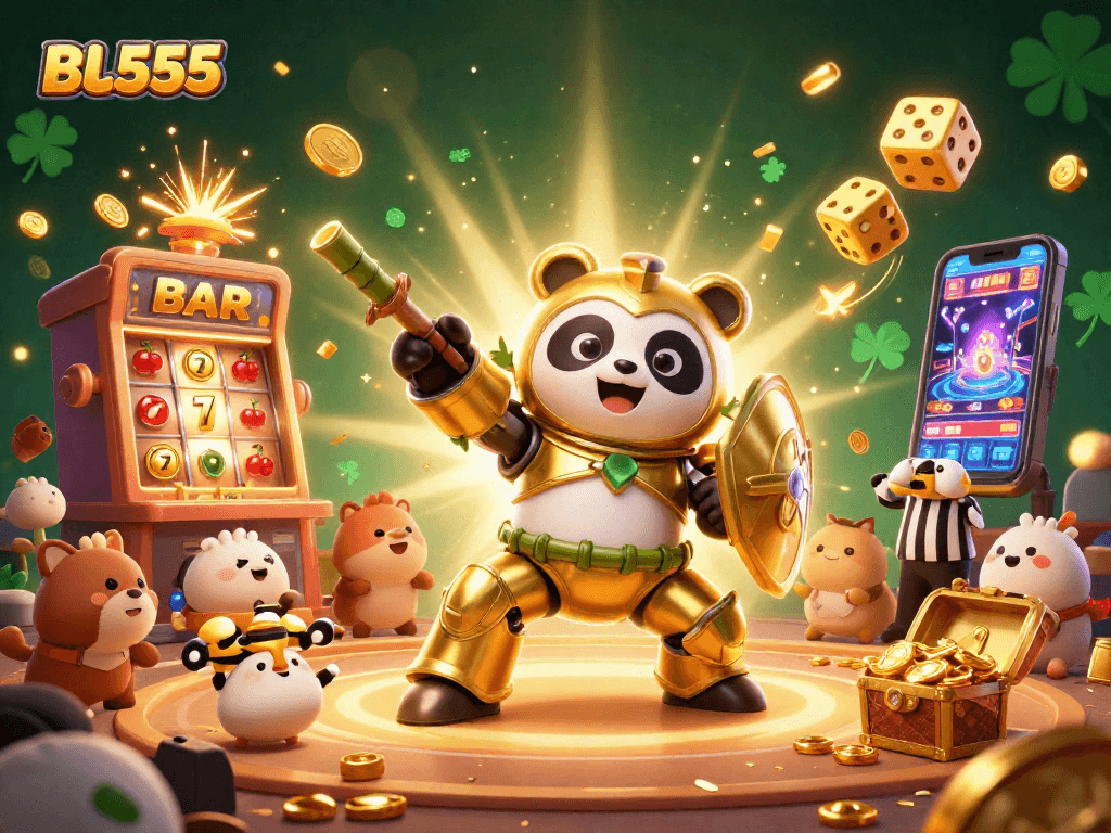 Experience epic gaming action at BL555 featuring a golden panda in a mech-suit amidst vibrant casino elements.
