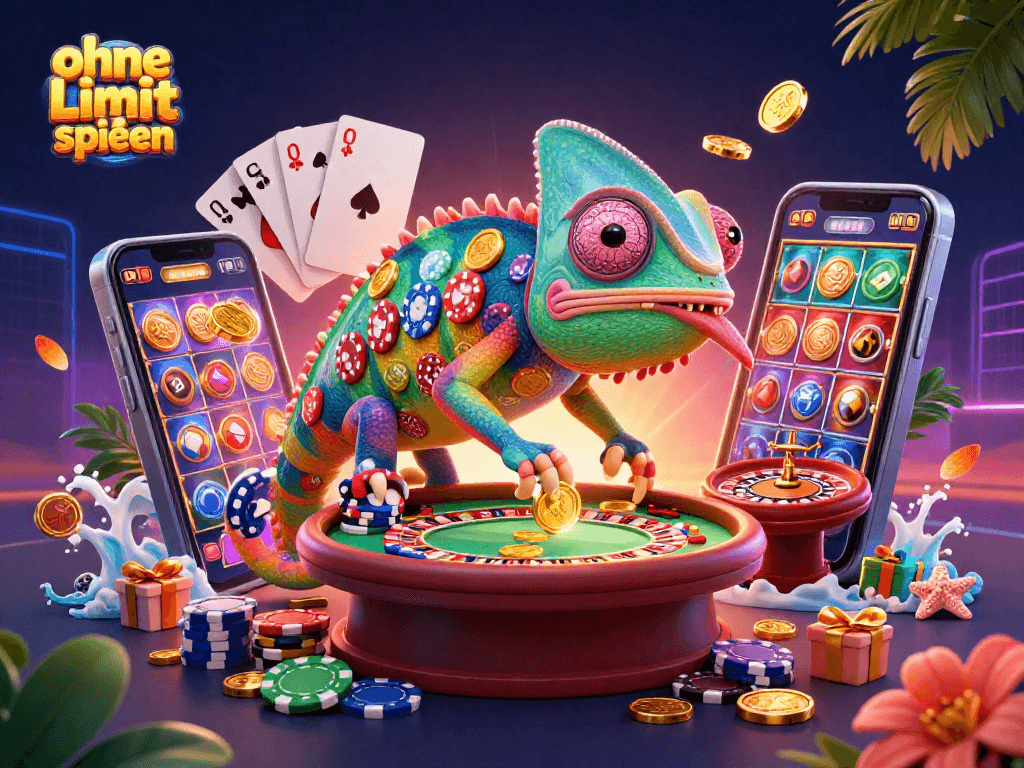 Experience thrilling ohne Limit spielen action with a colorful chameleon casino character amid vibrant game elements.