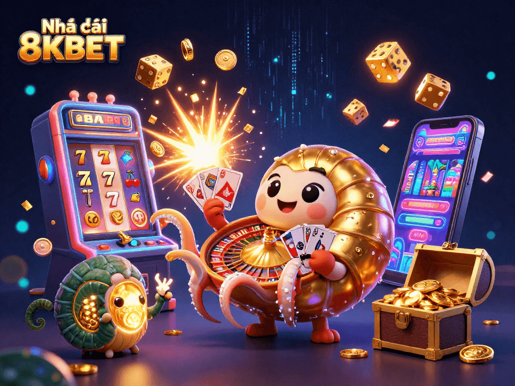 Engage with the Nhà cái 8KBET's vibrant casino scene featuring a giant nautilus roulette and slot machines.