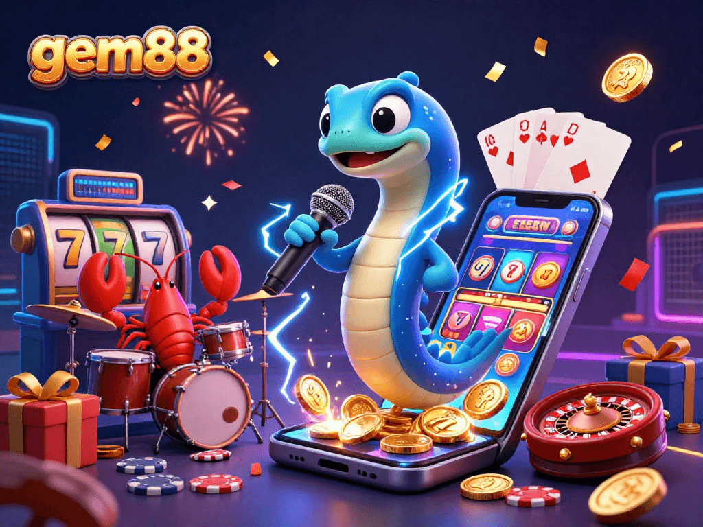 Experience the gem88 electric eel DJ performing in an underwater casino, celebrating with vibrant slot game elements.