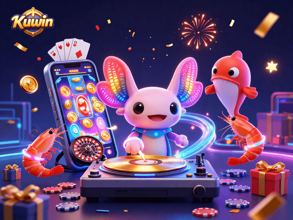 Kuwin players spinning colorful slot games with vibrant 3D animated characters in a lively casino atmosphere