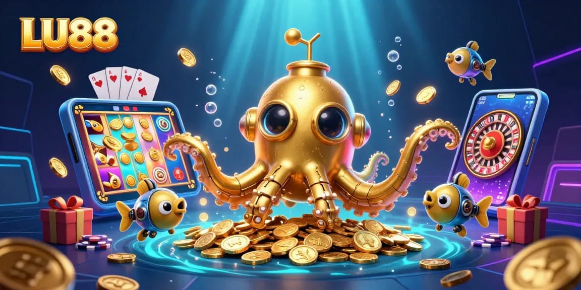 LU88 players dive into excitement with a golden kraken in a treasure-filled underwater casino scene.