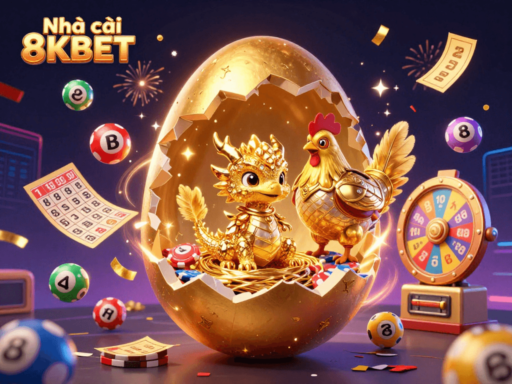 Experience the dynamic world of Nhà cái 8KBET with a golden dragon amid vibrant lottery elements.