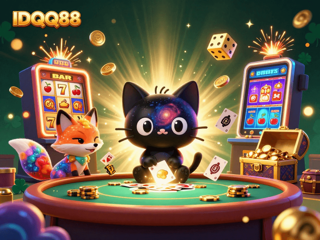 IDQQ88 engages players at a cosmic casino table with vibrant colors and thrilling gaming elements.