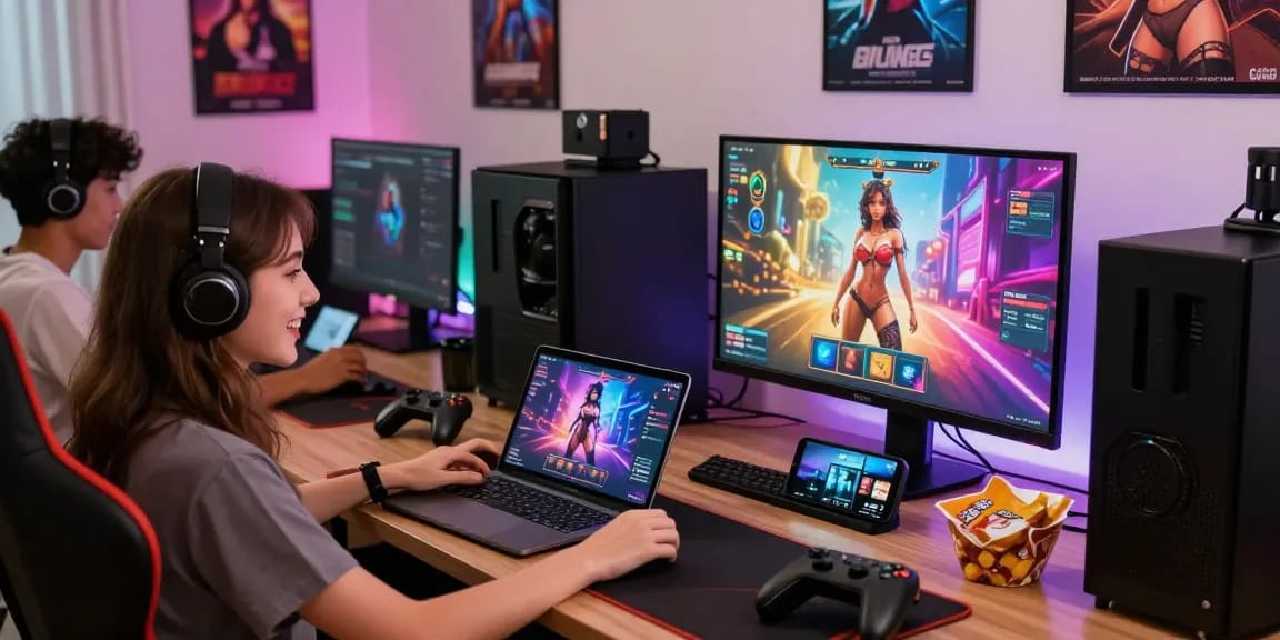 Engaging gamers enjoying sexgames on multiple devices in vibrant gaming room.