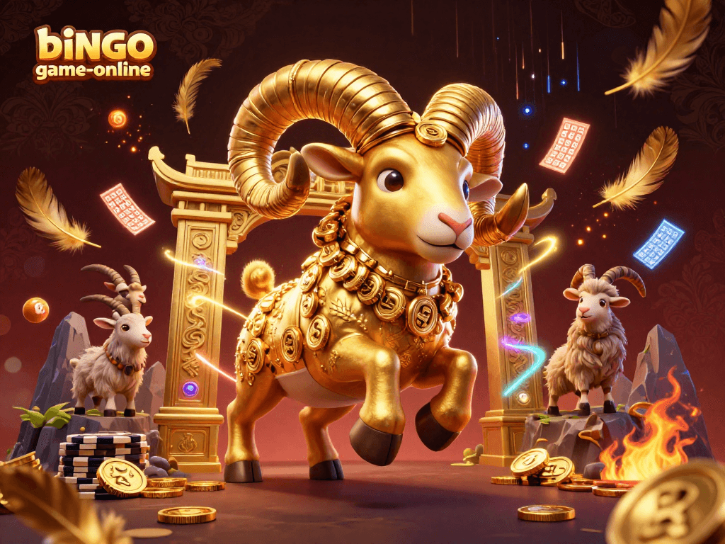 Bingo-game-online players join massive golden ram at an ancient arena, surrounded by vibrant energy and prizes.
