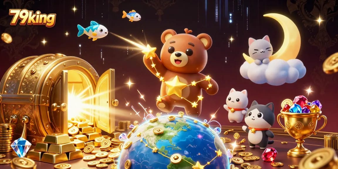 Experience the thrill of gaming with 79king's constellation-themed casino adventure illustration filled with treasures.