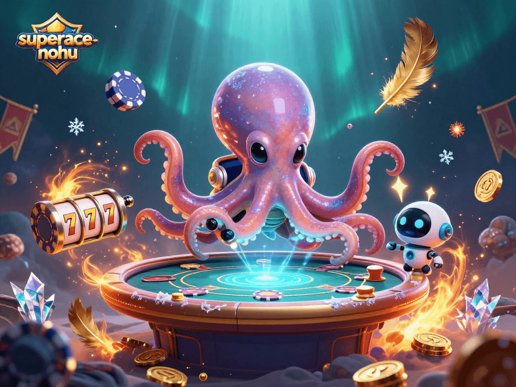 Experience magical gameplay with superace-nohu at a cosmic poker table, surrounded by vibrant elements.