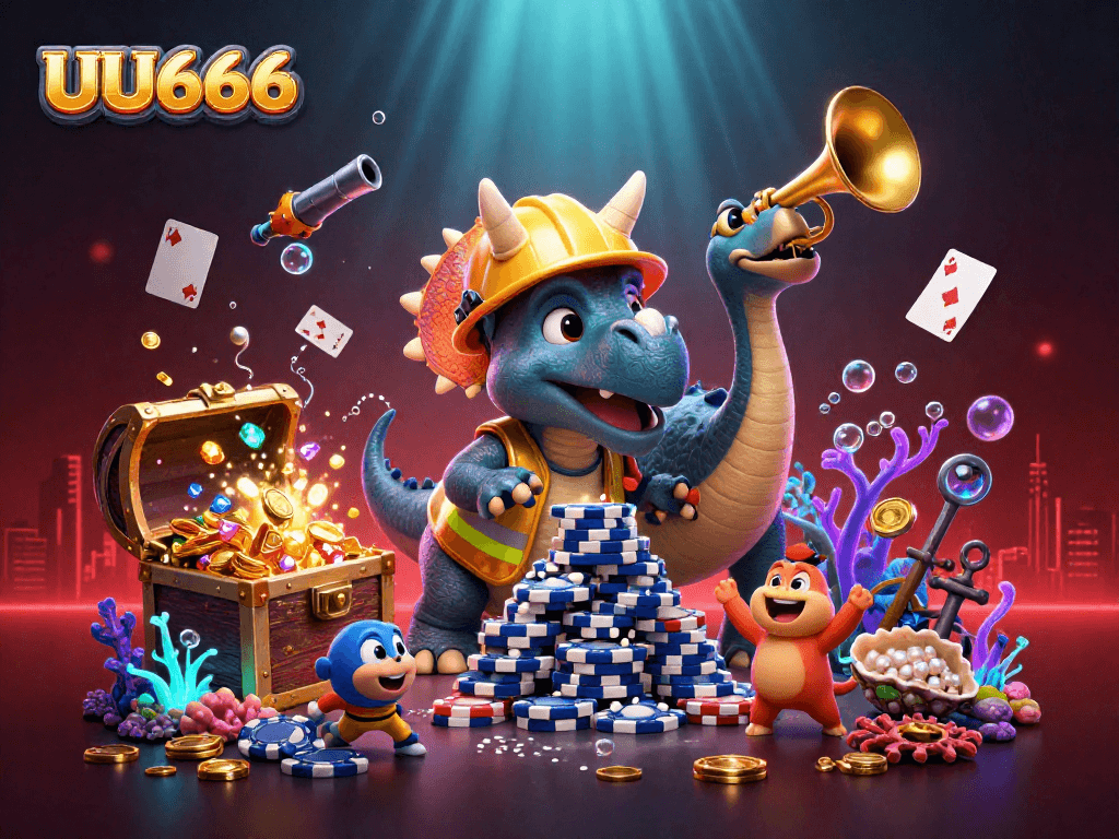 Join the excitement at UU666 with a dynamic 3D casino scene featuring joyful characters and poker chips.