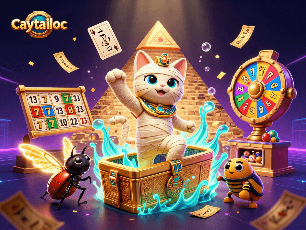 Experience the excitement of caytailoc with vibrant slot reels and dynamic casino elements in a mystical scene.
