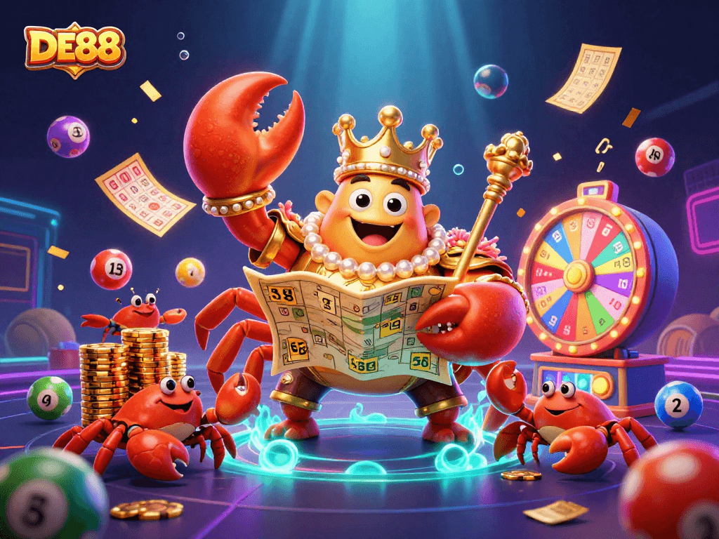 Win big at DE88 with a dynamic illustration of a golden crab emperor surrounded by exciting lottery elements.