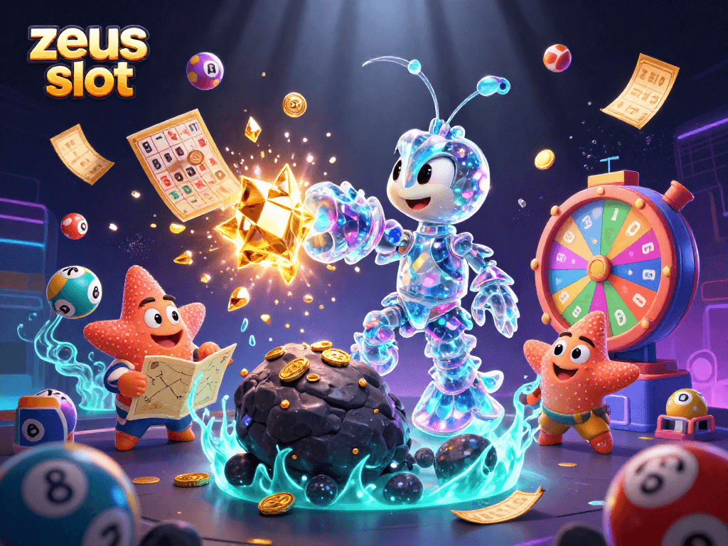 Permainan zeus slot dengan karakter unik, menampilkan jackpot dan suasana kasino yang berwarna-warni.