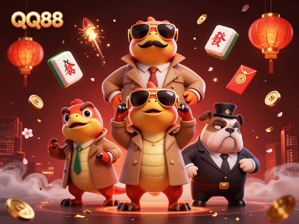 Join QQ88's thrilling adventure as raptors sneak into a VIP casino lounge, surrounded by lucky symbols.
