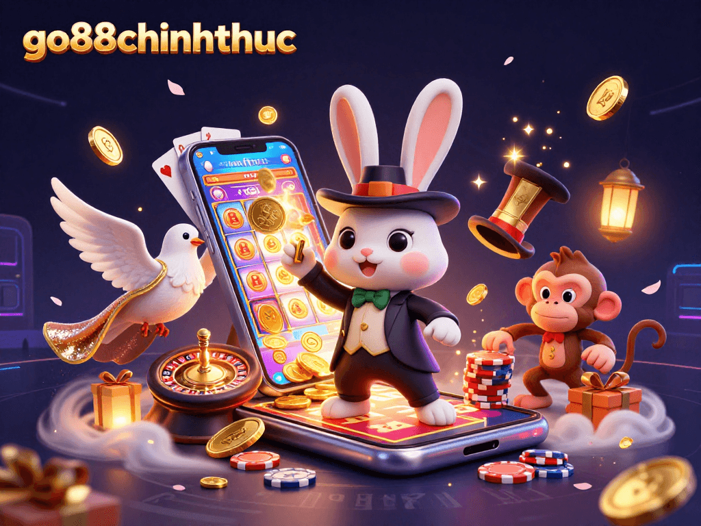 Engage in thrilling gameplay with go88chinhthuc, where a magician rabbit brings luck with coins and poker chips.