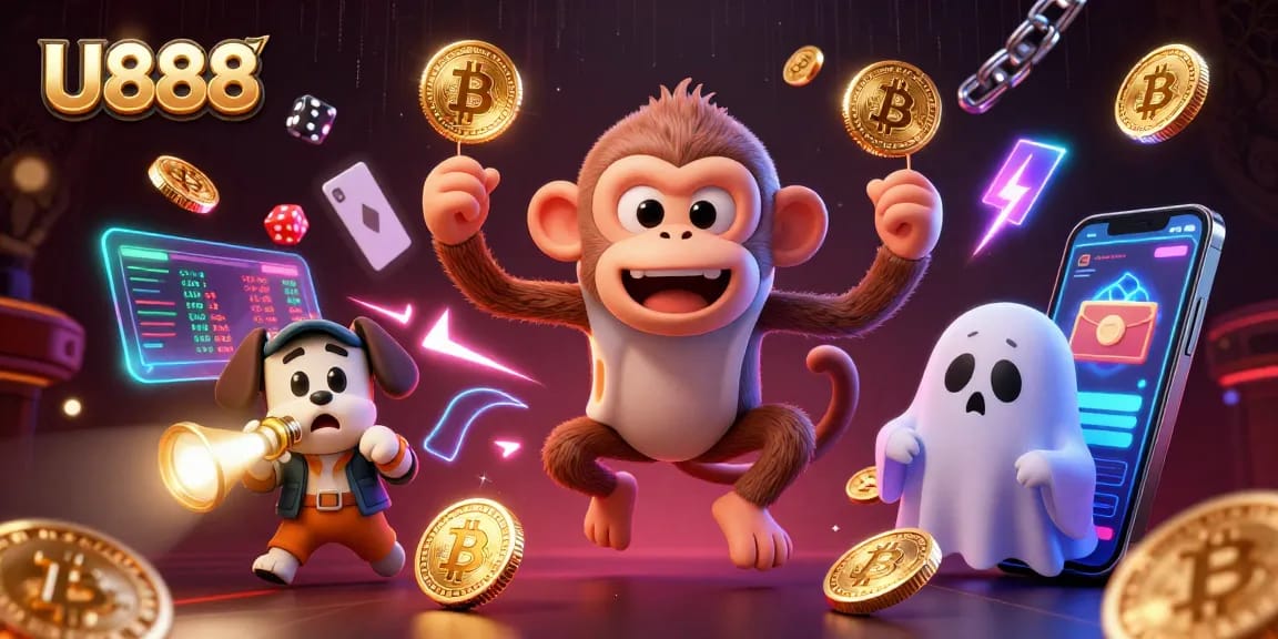 Engage with U888's dynamic casino scene featuring a playful monkey and a curious puppy illuminated by glowing cryptocurrency elements.
