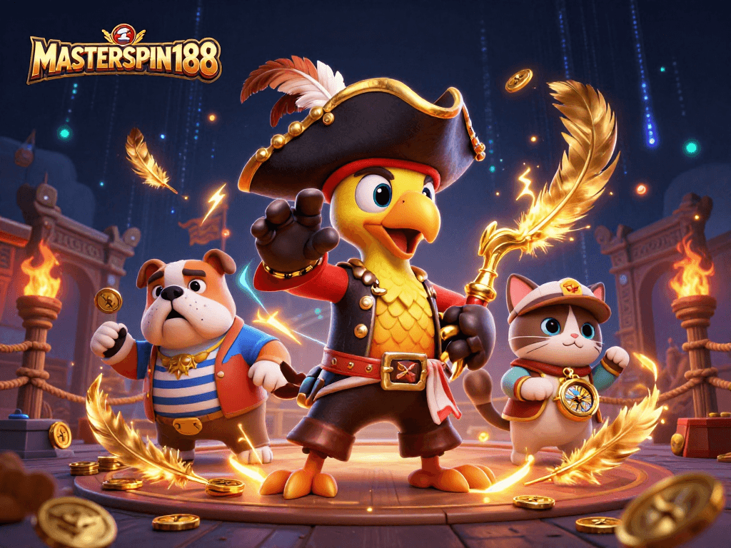 Engage with the MASTERSPIN188 pirate scene featuring vibrant characters amid gambling elements.