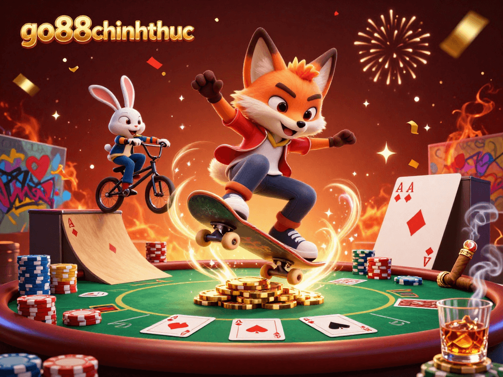 go88chinhthuc showcases a vibrant casino scene with cartoon fox and rabbit surrounded by poker elements.