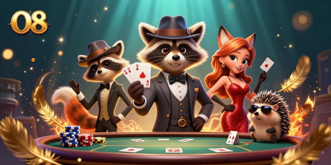 Experience O8’s thrilling poker scene with a suave raccoon and companions amidst rich casino action.