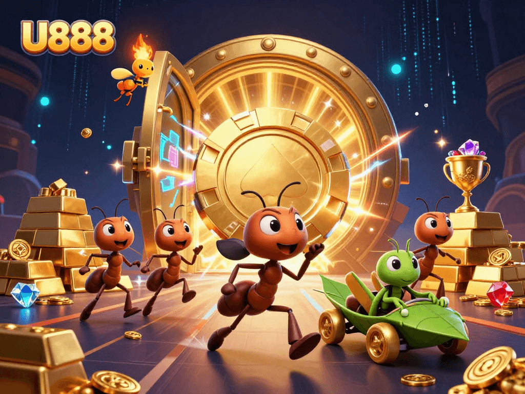 Join the thrilling heist of U888, where a team of ants carries a giant poker chip amidst sparkling casino treasures.