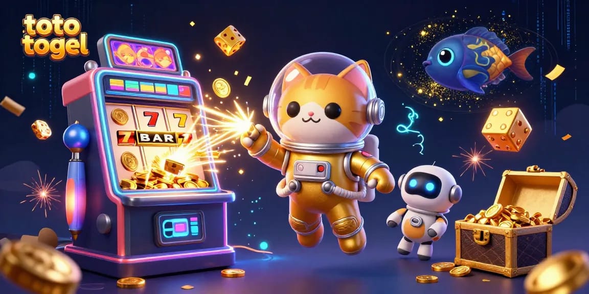 Engage in exciting toto togel gaming with a vibrant illustration showcasing a dynamic space theme and casino elements.