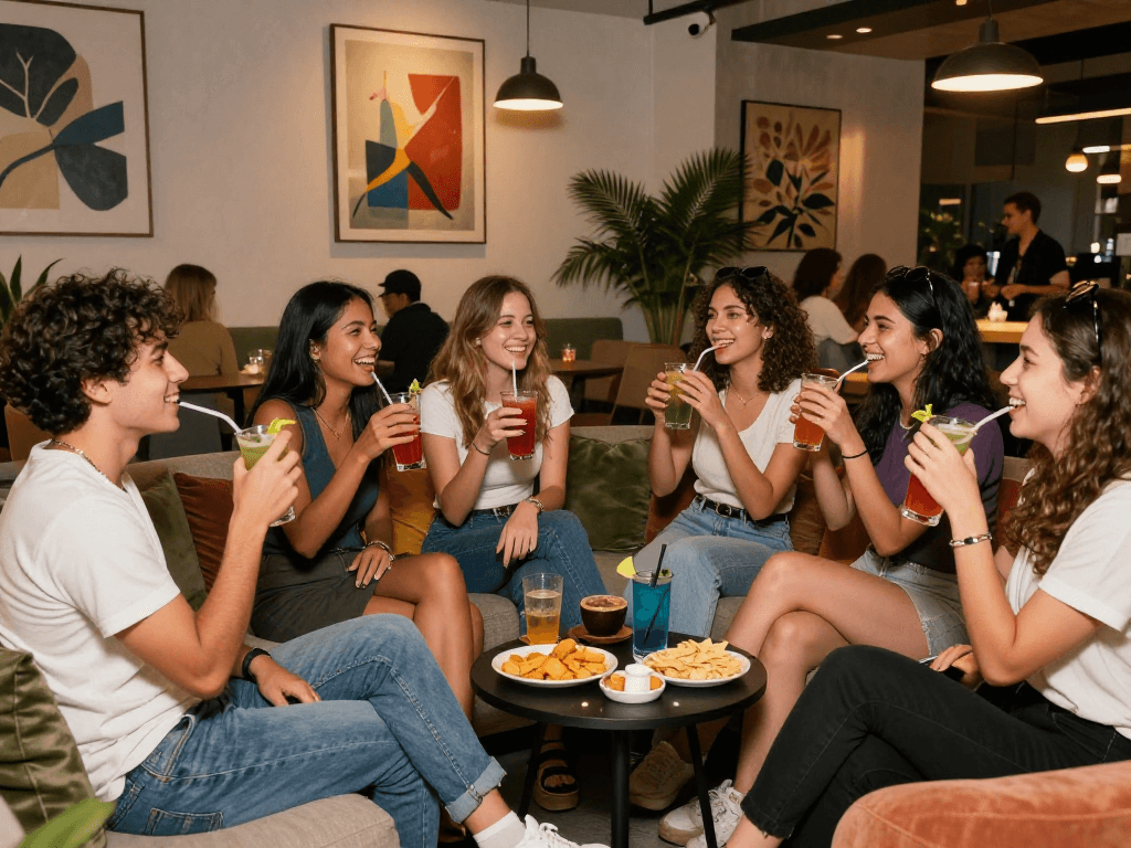 Spicy chat among friends in a vibrant lounge with cocktails and laughter.