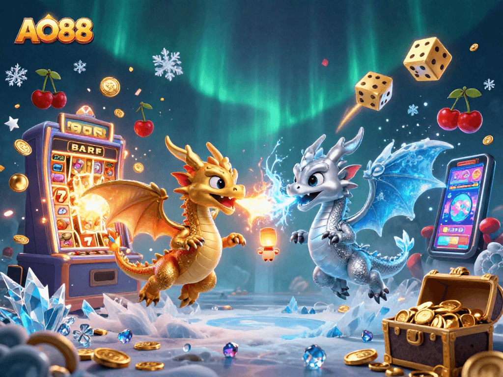 Experience thrilling gameplay at AO88 with an engaging 3D dragon scene featuring dynamic casino elements.