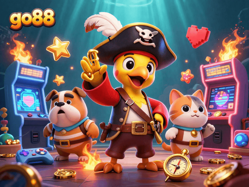 Trò chơi thú vị tại go88 với hình ảnh một con vẹt hải tặc và trò chơi arcade hấp dẫn.