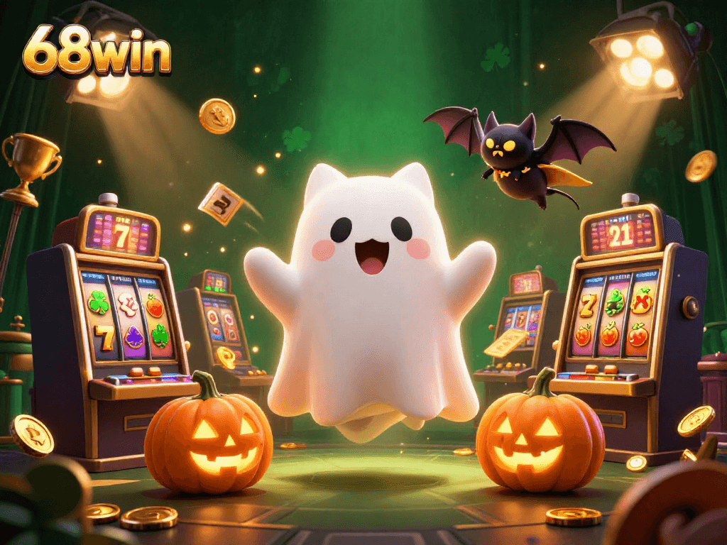 Experience the excitement at 68win with a ghost cat and vibrant casino elements.
