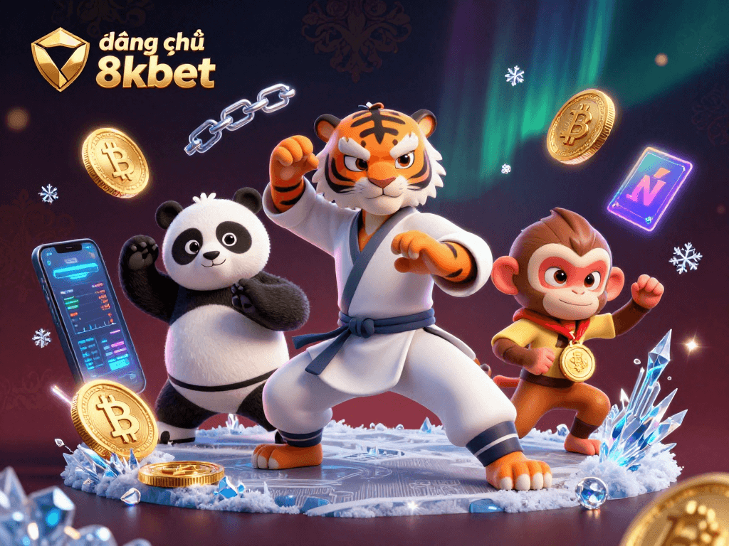 Engage in thrilling gameplay with đăng ký 8kbet; a cartoon master demonstrating skills against cryptocurrency elements.