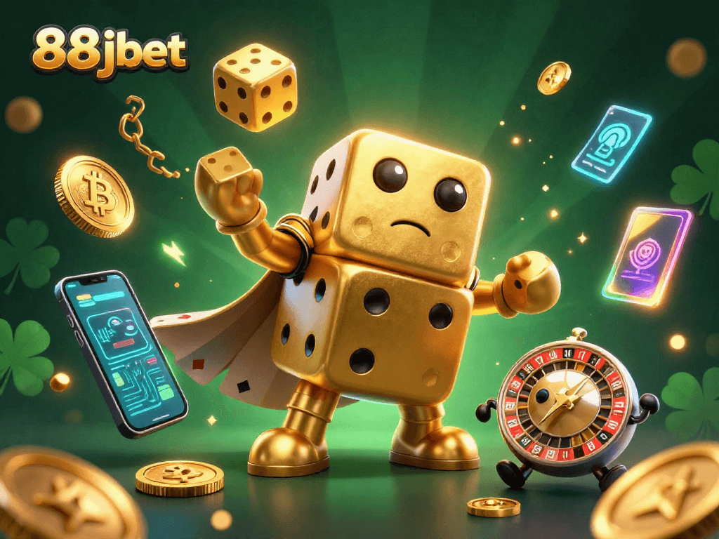 Engage with the 88jbet golden dice golem in a vibrant casino scene featuring crypto elements and a roulette companion.