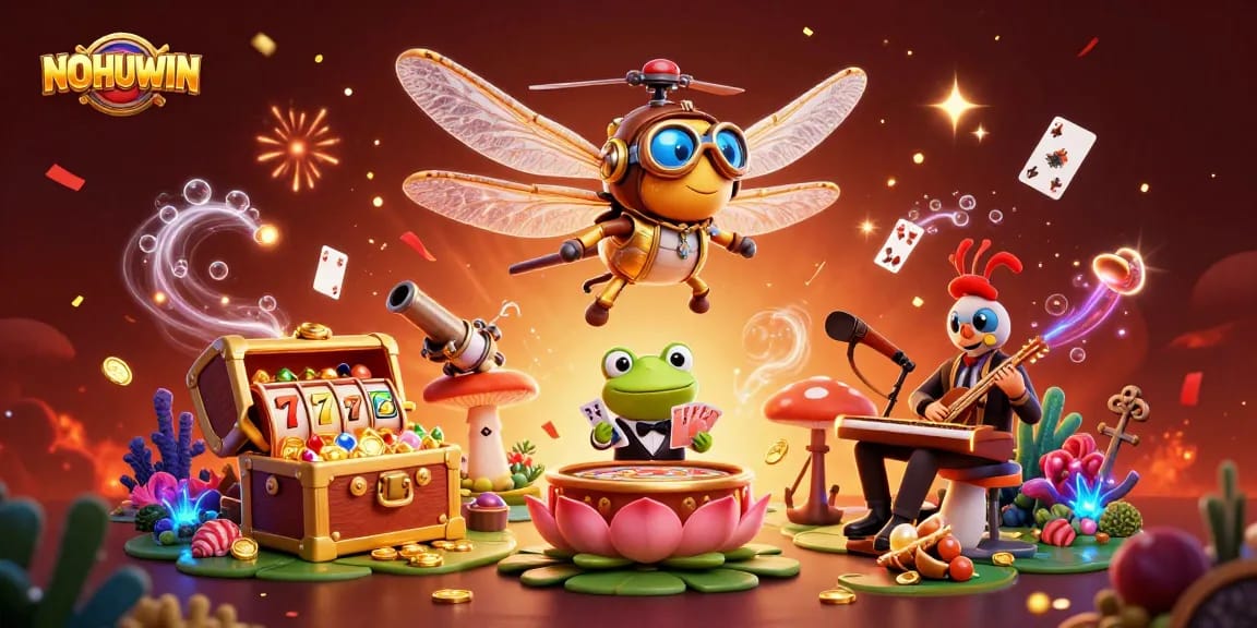Play exciting games at NOHUWIN with vibrant visuals featuring a dynamic casino scene.