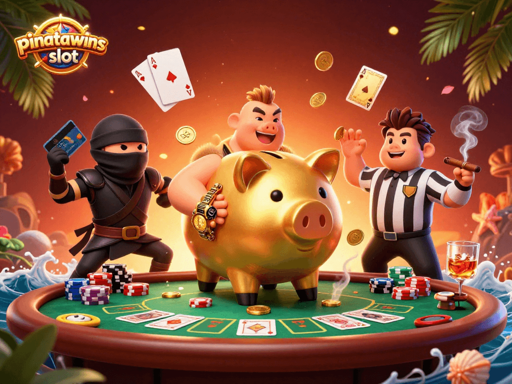 Experience exciting gameplay with pinatawinsslot in a vibrant casino scene filled with golden coins and poker elements.