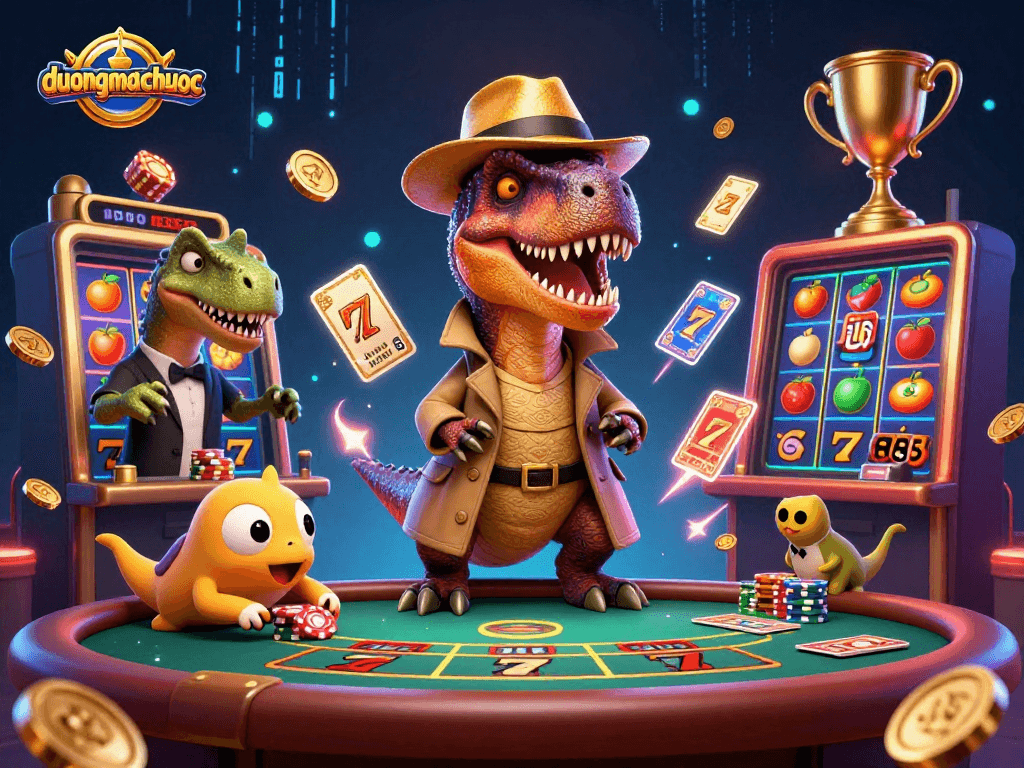 Experience the intricate world of duongmatchuoc with animated velociraptors and casino elements in action.