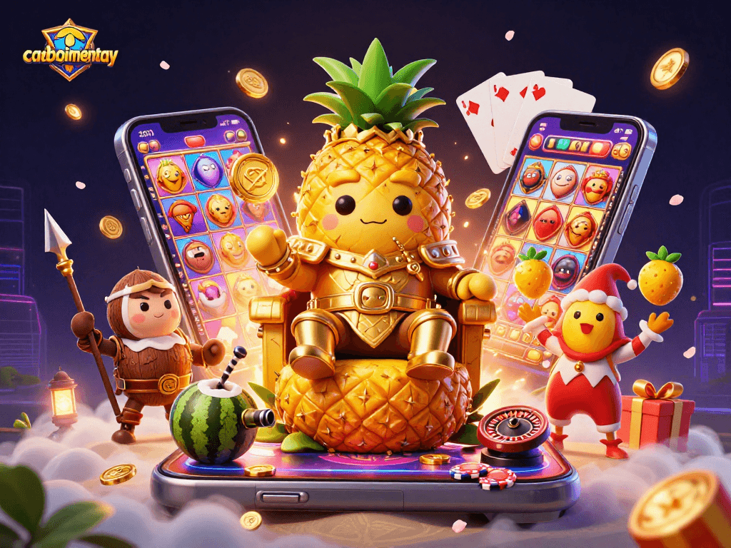 Win big with caoboimientay featuring golden pineapple king in action at a vibrant beach casino.