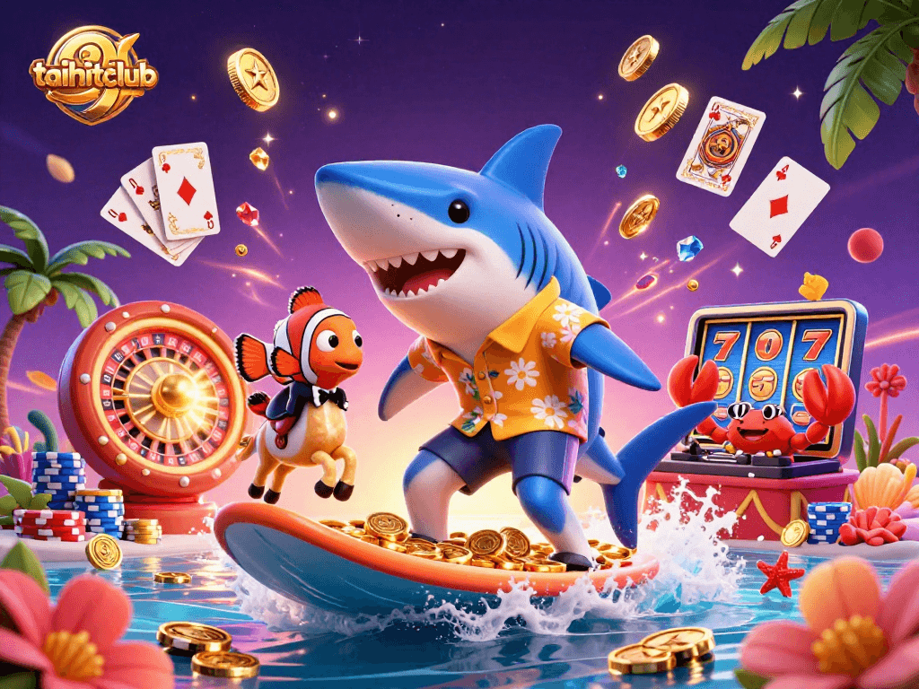Engage with the vibrant taihitclub casino scene featuring a shark and seahorse surfing on gold coins.