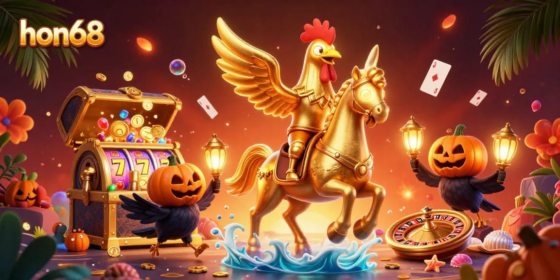 Experience thrilling gameplay at hon68 with a golden rooster and casino elements in an enchanting illustration.