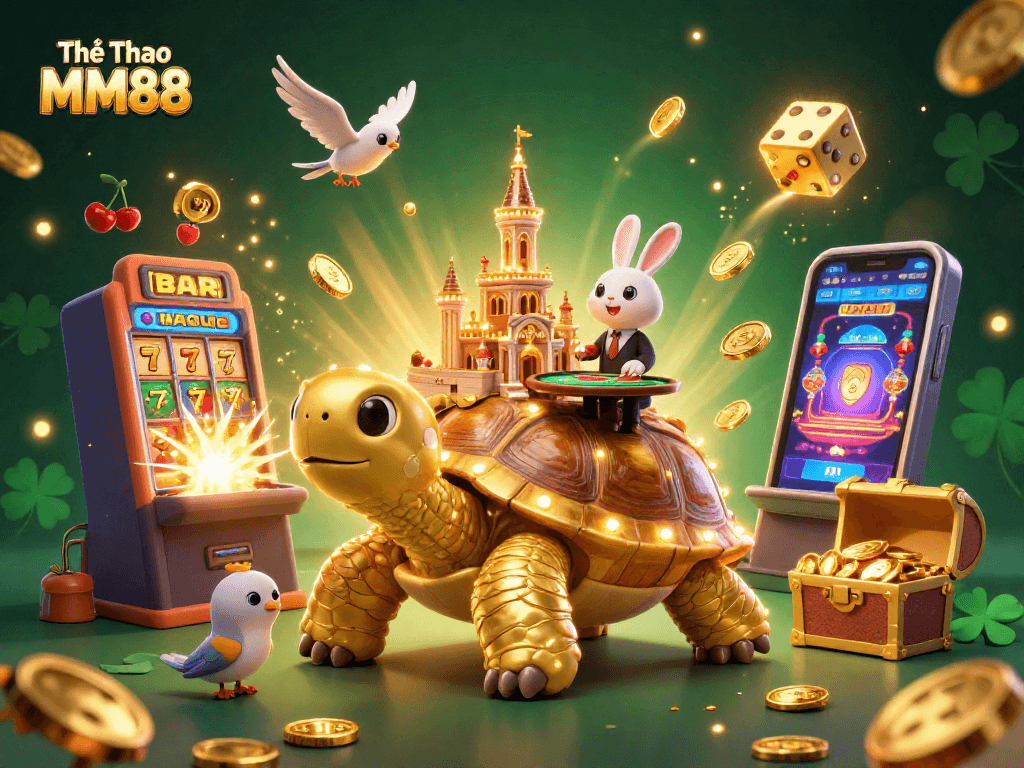 Engage with Thể Thao MM88 through an energetic 3D casino scene bursting with winning symbols and exciting elements.