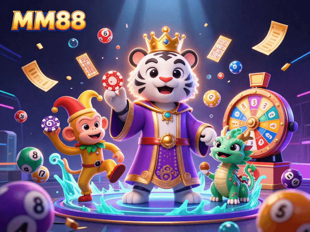 Win big with MM88 at this vibrant casino scene featuring lively characters and games.