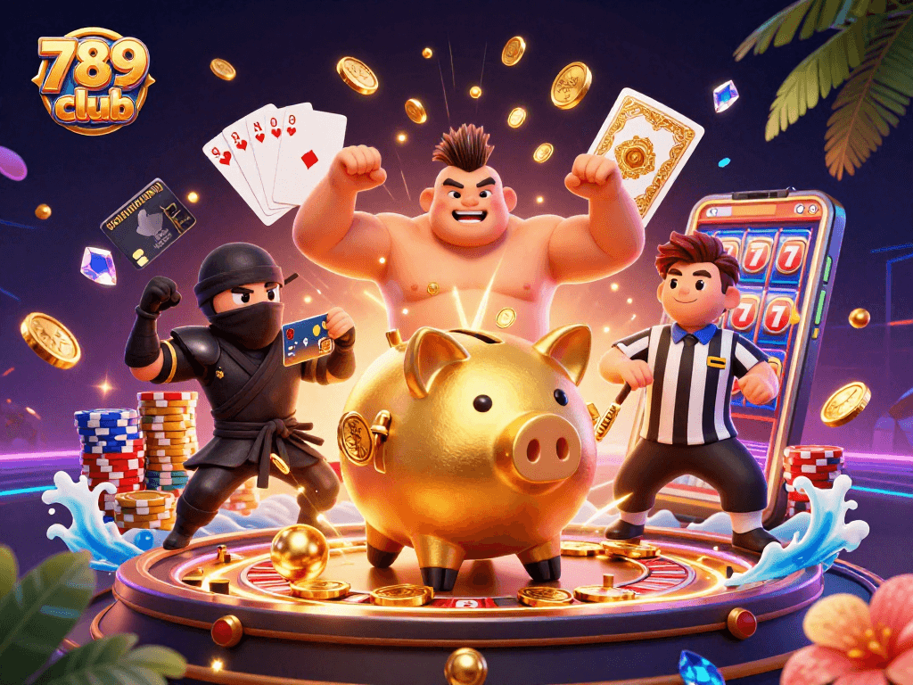 A stunning 3D illustration where 789 club's golden piggy bank sumo wrestler celebrates with coins and card games.