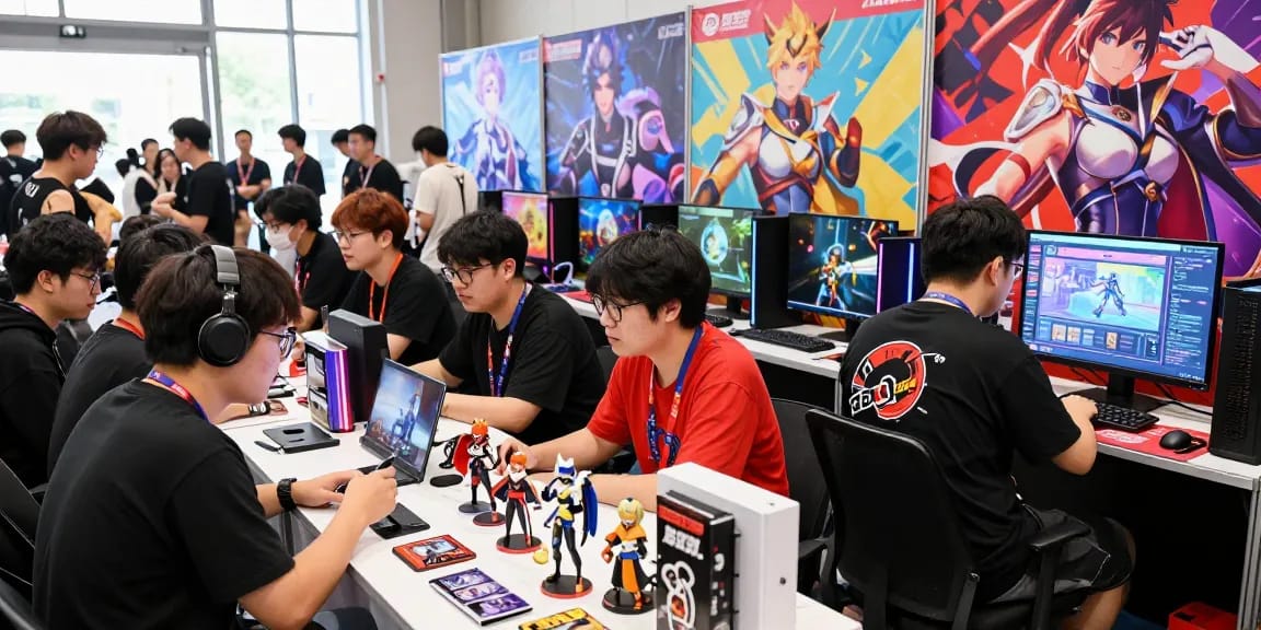 Gacha168 gaming convention scene with diverse gamers engaging in discussions.