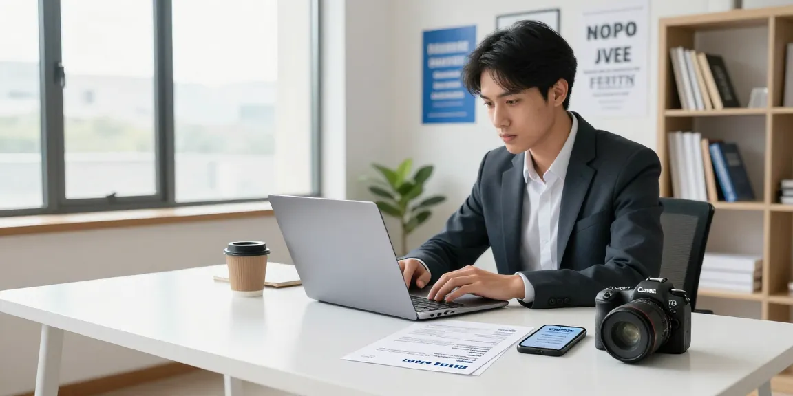Young professional in an office applying for jobs, หางาน opportunities visible on laptop.