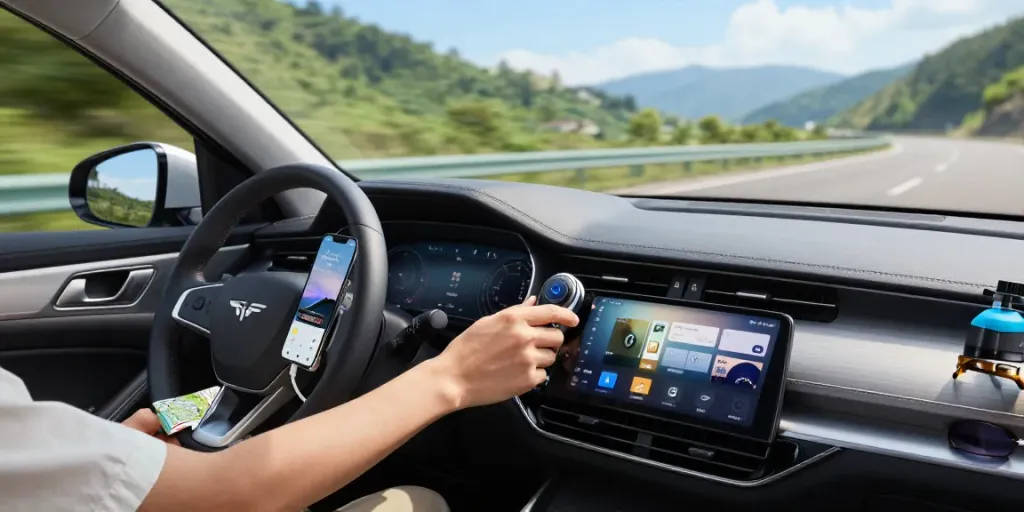 Pengemudi mengatur adapter Bluetooth Air88 di dalam mobil sambil menikmati pemandangan hijau di jalan raya.