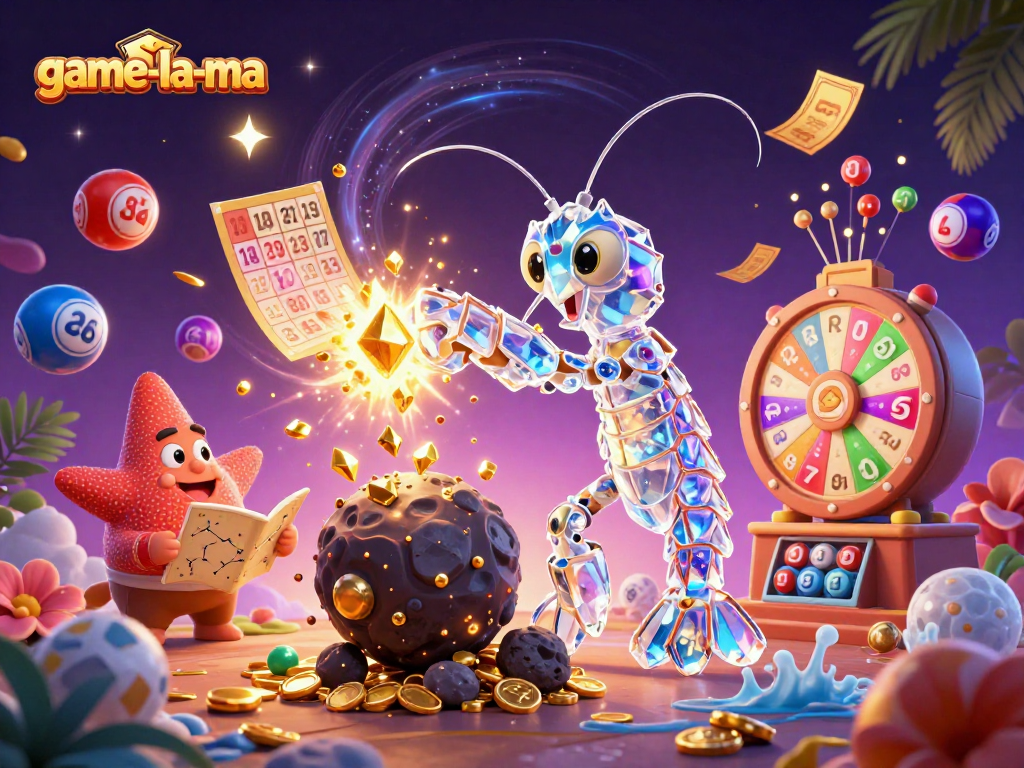 Experience game-la-ma's vibrant lottery scene with animated characters and gold-filled action.