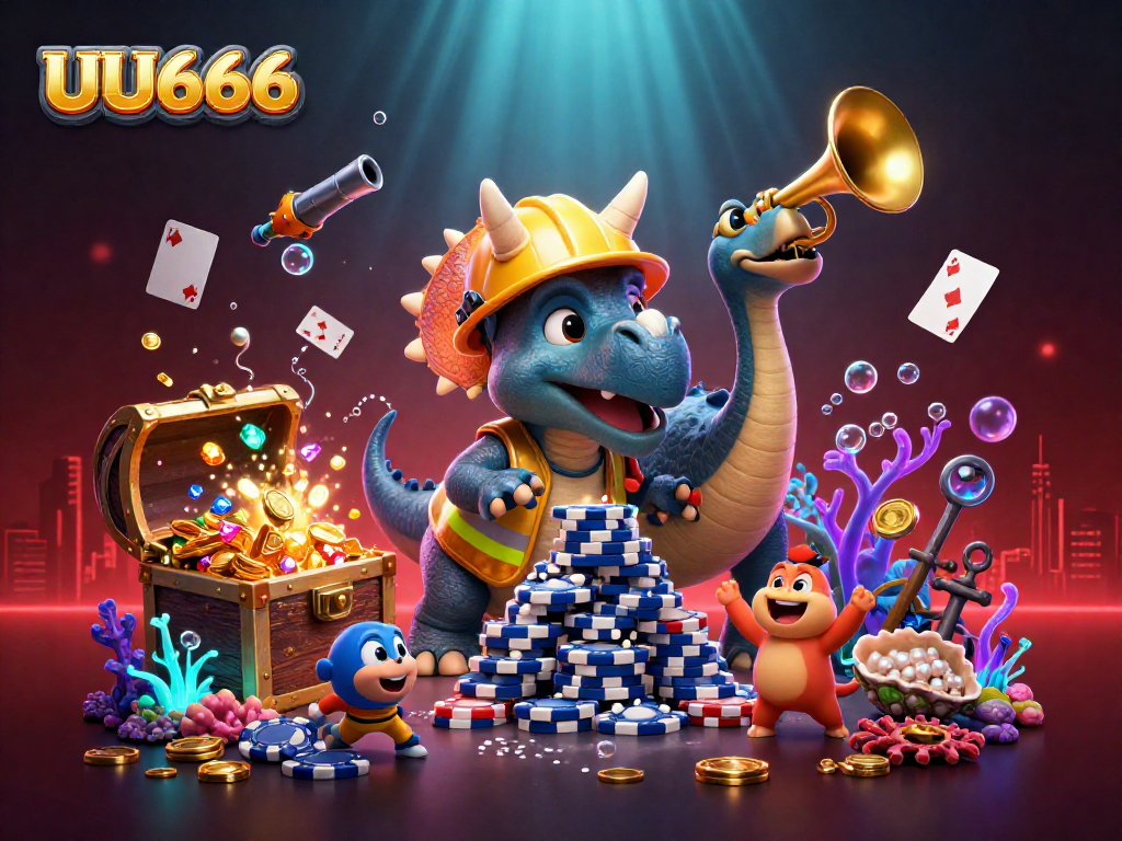Join the excitement at UU666 with a dynamic 3D casino scene featuring joyful characters and poker chips.