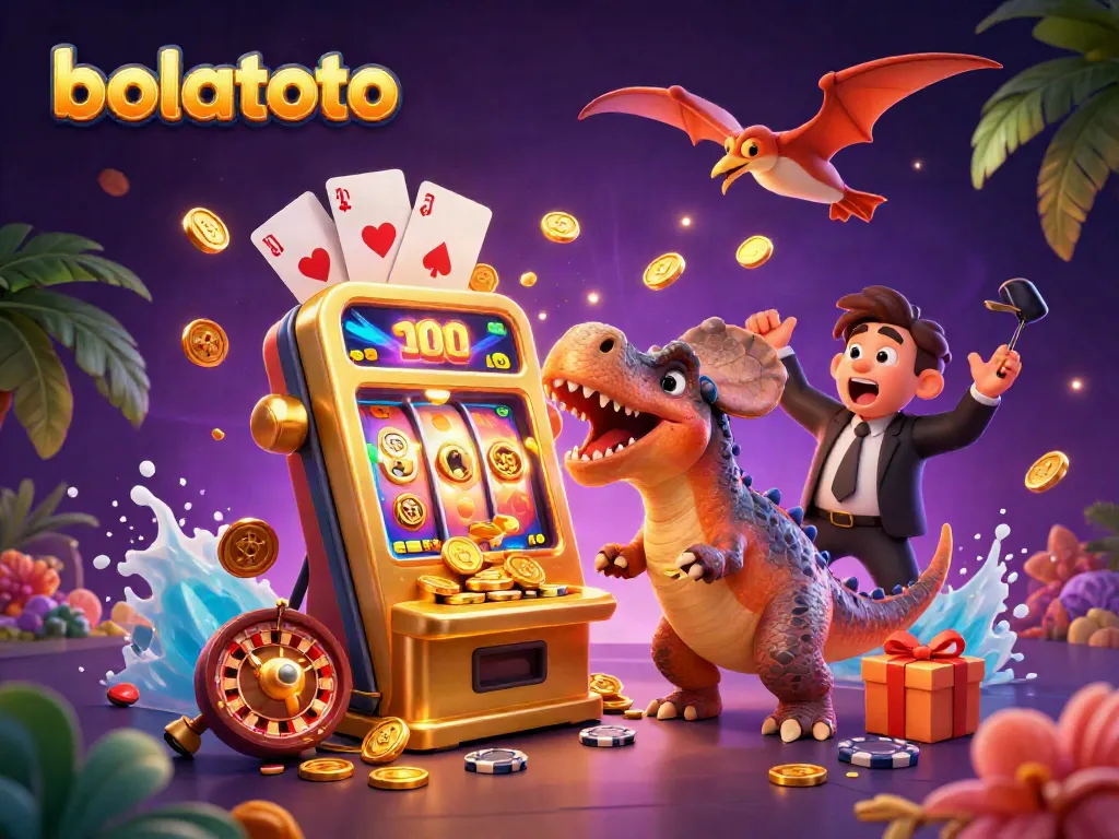 Experience bolatoto excitement as dinosaurs celebrate slot machine jackpots in an animated casino.
