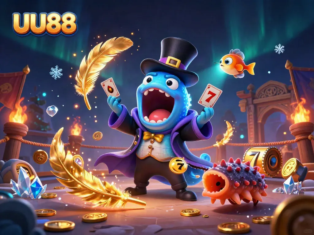 Experience the magic of UU88's stunning games with a vibrant 3D casino scene featuring unique characters.
