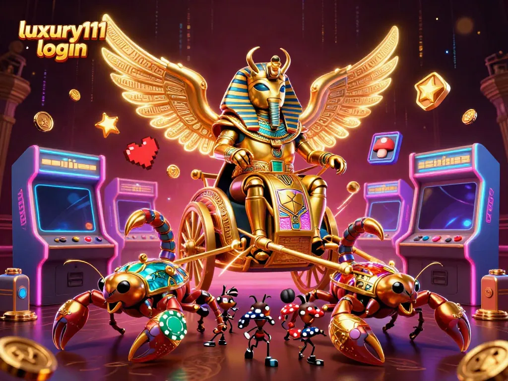 The luxury111 login scene features a grand 3D cartoon scarab in casino armor, showcasing rich gaming elements.
